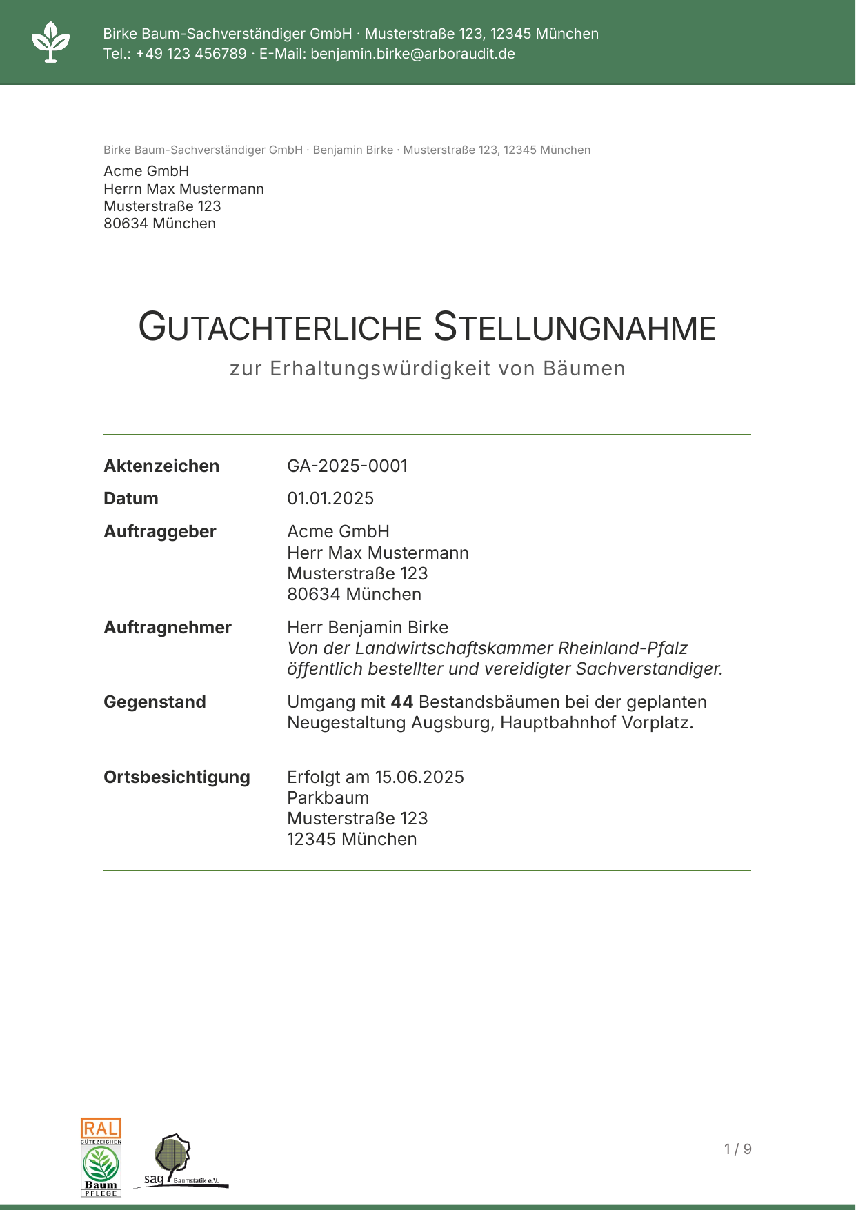 Seite 1 der Gutachterlichen Stellungnahme
